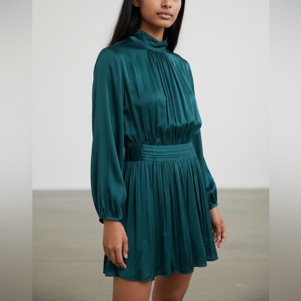 “NEW” ZARA Teal Satin Long Sleeve Tie Neck Dress Sz XS
